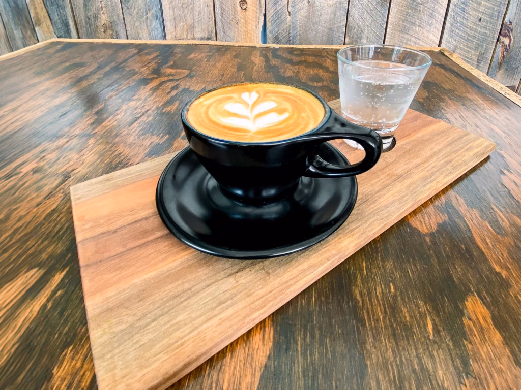 A beautifully poured latte with intricate leaf latte art in a black ceramic cup, served at Stacks Espresso Bar, a stop for erie canal specialty coffee in Albany, New York.