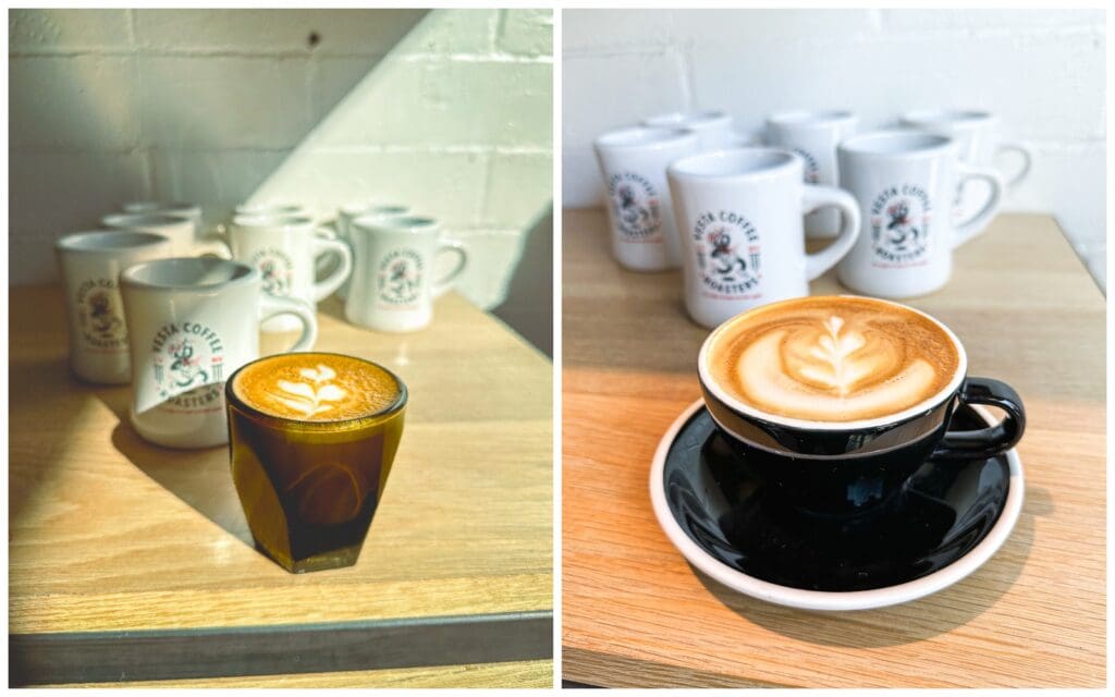 Two pictures of coffee cups and a drink.