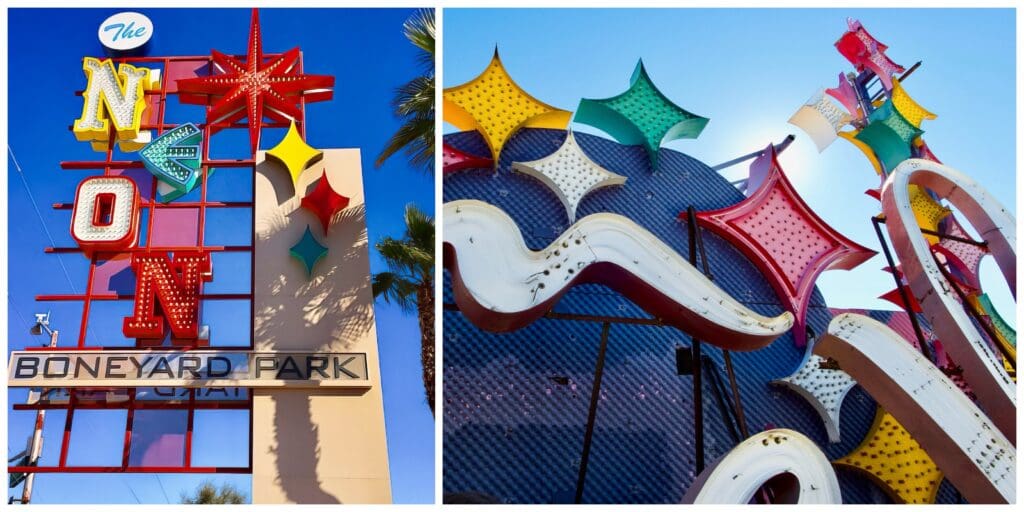 A collage of photos with the park sign and stars.