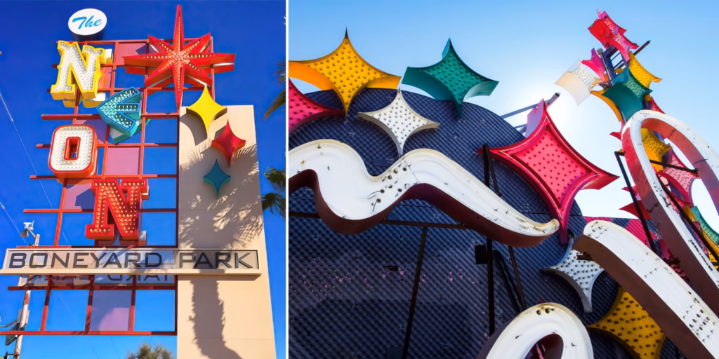 A collage of photos with the park sign and stars. The Neon Sign boneyard park is a top list activity that doesnt involve gambling in the city