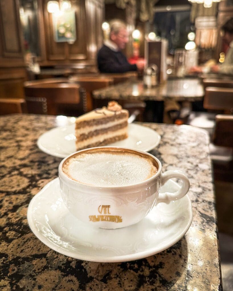 Walnut torte and a cup of melange coffee at Café Schwarzenberg