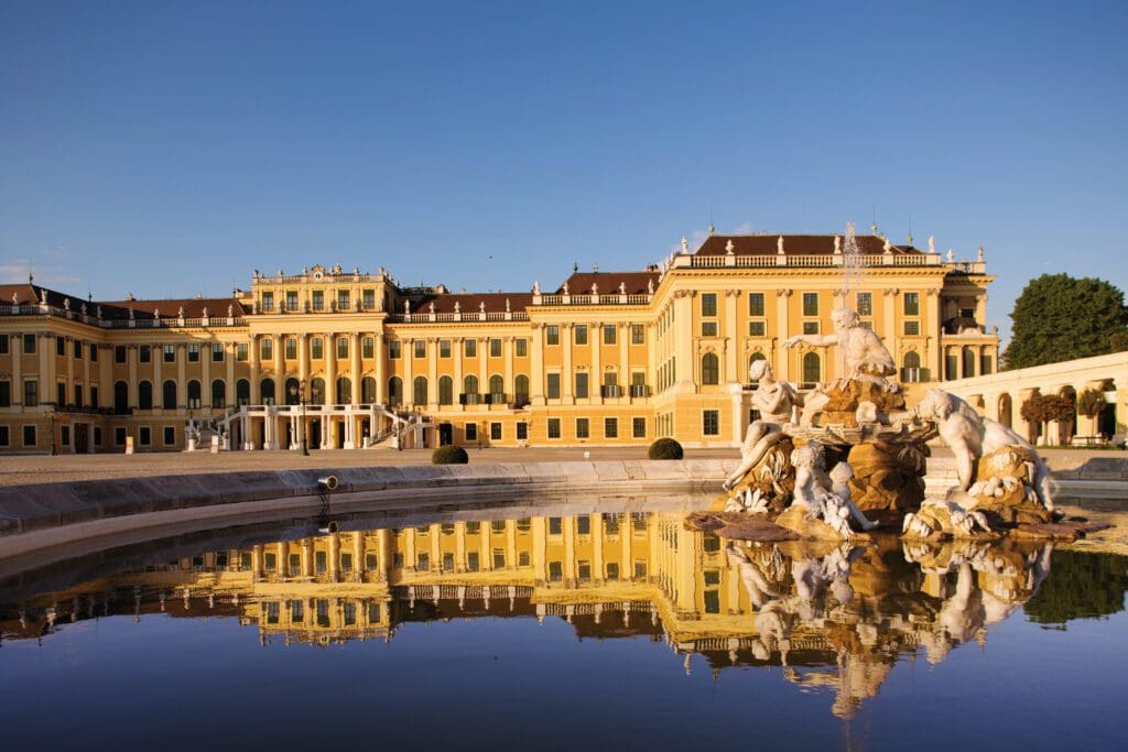 Photo of fountain and facade of Schoenbrunn Palace 