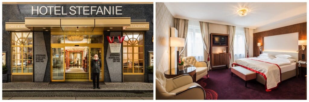 Exterior photo of the entrace to the Hotel Stefanie and a photo of their Superior Double Room.