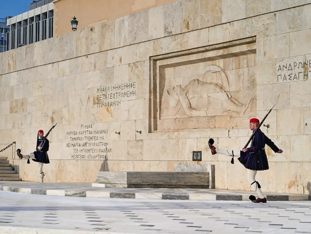 Evzones guards at the National Greek monument of the Unknown SoldierEvzones guards at the National Greek monument of the Unknown Soldier