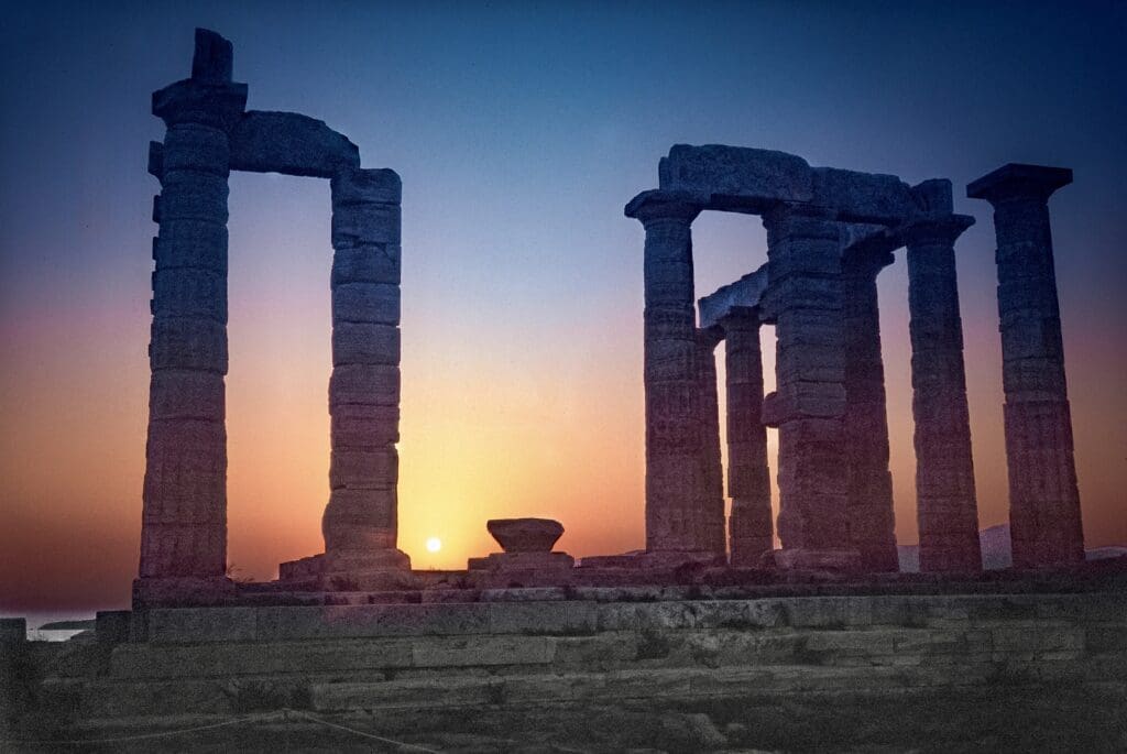 The famous landmark of the Temple of Poseidon at cape Sounion