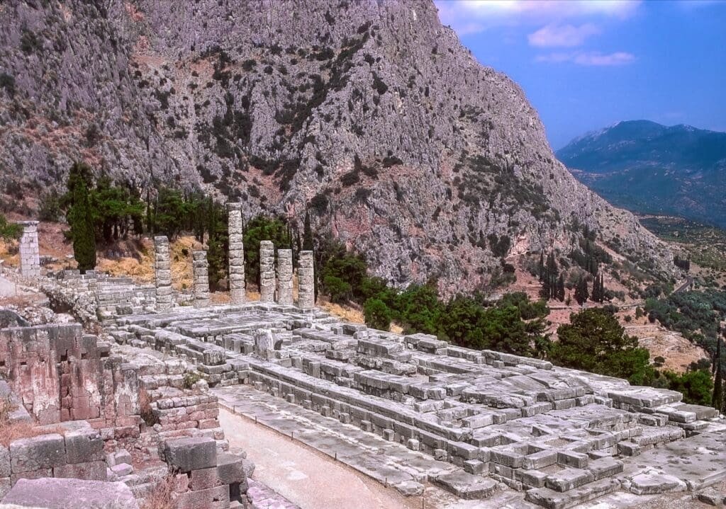 The Temple of Apollos in Delphi is the most famous ancient landmark in Central Greece