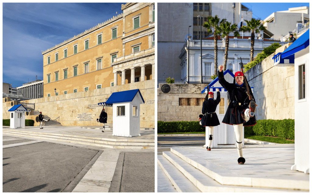 Evzones standing guard over the Tomb of the Unknown Soldier in downtown Athens Greece