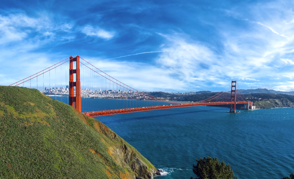 A view of the golden gate bridge from above.