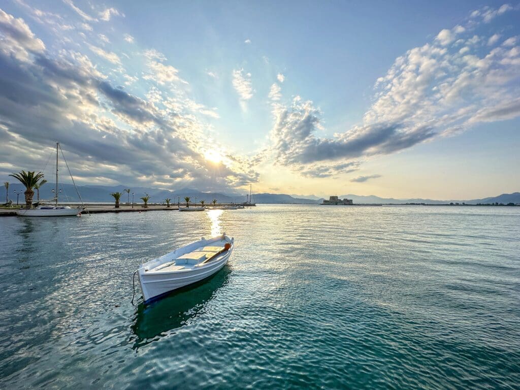 Nafplio water promenade with Bourtzi Fortress in the background