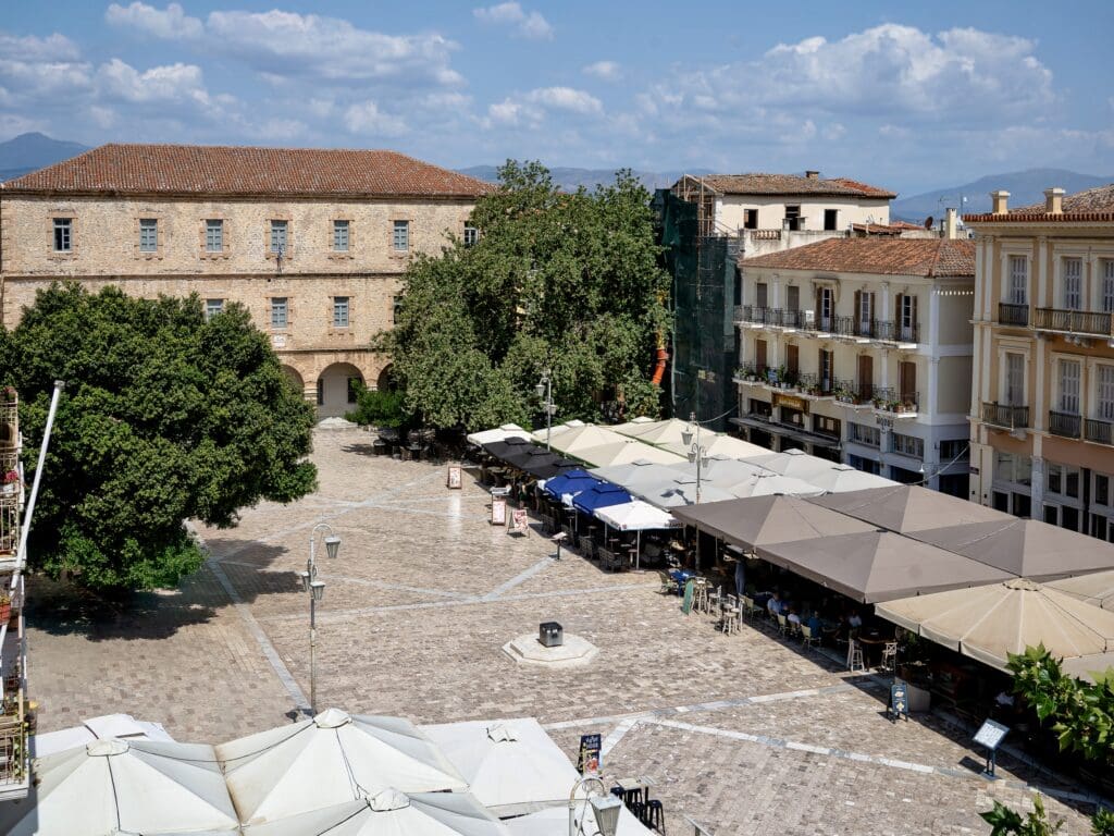 Syntagma Square surrounded by historic hotels one can stay in Nafplio Greece