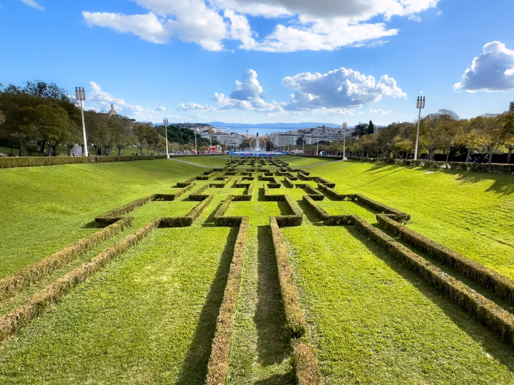 A field with grass and trees in the shape of crosses.