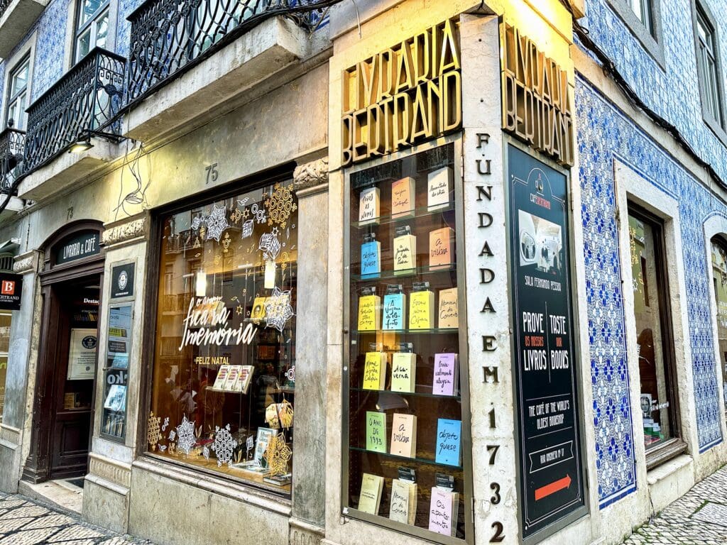 Bookstore facade in Chado District of the famous  Livraria Bertrand, a must visit spot in Lisbon