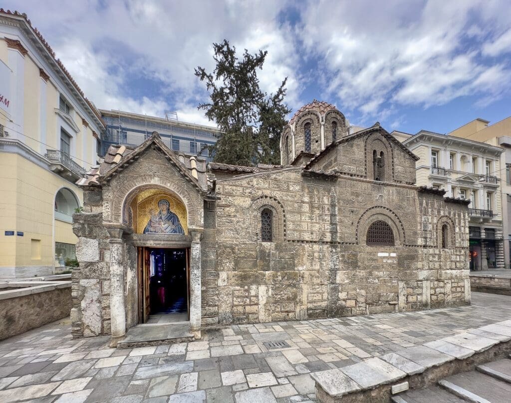 Byzantine church in the heart of the shopping district on Ermou St in downtown Athens, Greece