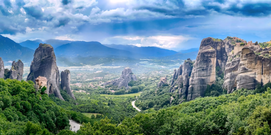 A view of the mountainous rock formations and the Orthodox Monasteries of Meteora Thessaly Greece. Photo by Paul Kostadimas © SpotlightSojourns.com