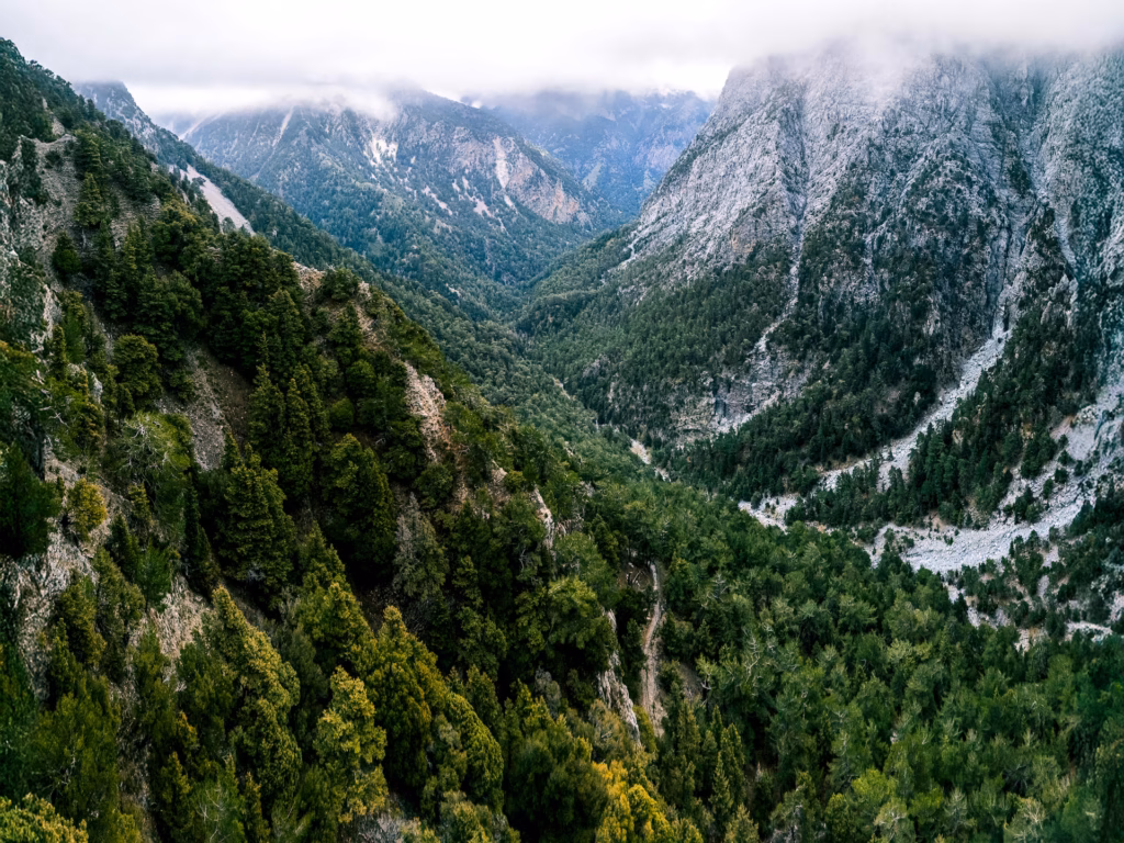 Scenic aerial view of Samaria Gorge in Crete, Greece, showcasing dramatic mountain cliffs, lush pine forests, and mist-covered peaks under a cloudy sky—ideal for hiking and nature exploration in Europe. Photo by Paul Kostadimas © SpotlightSojourns.com