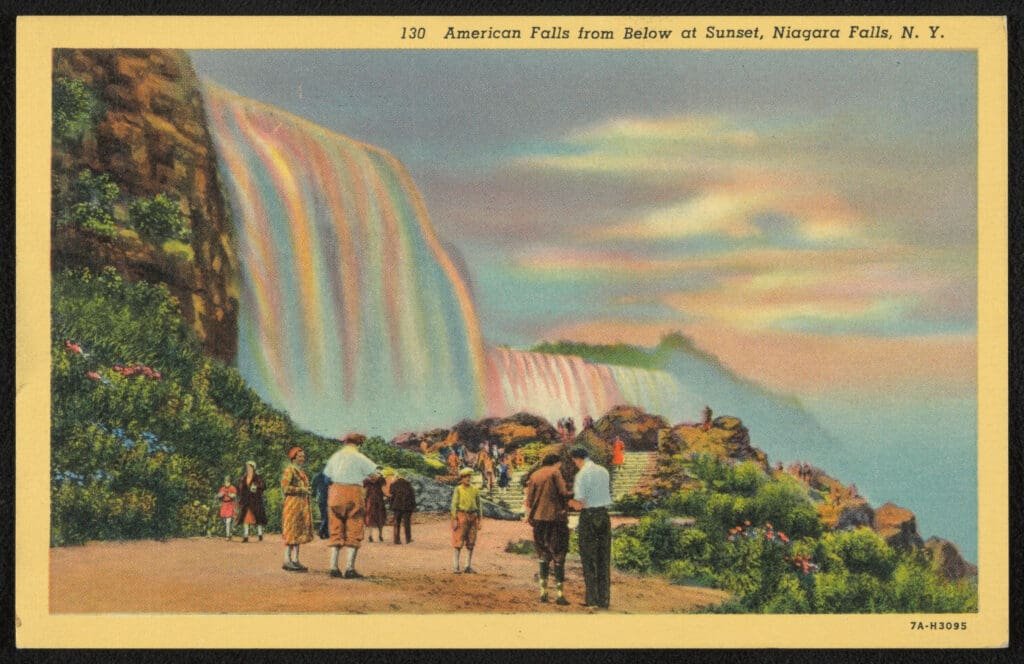 20th century print of the American Falls during sunset