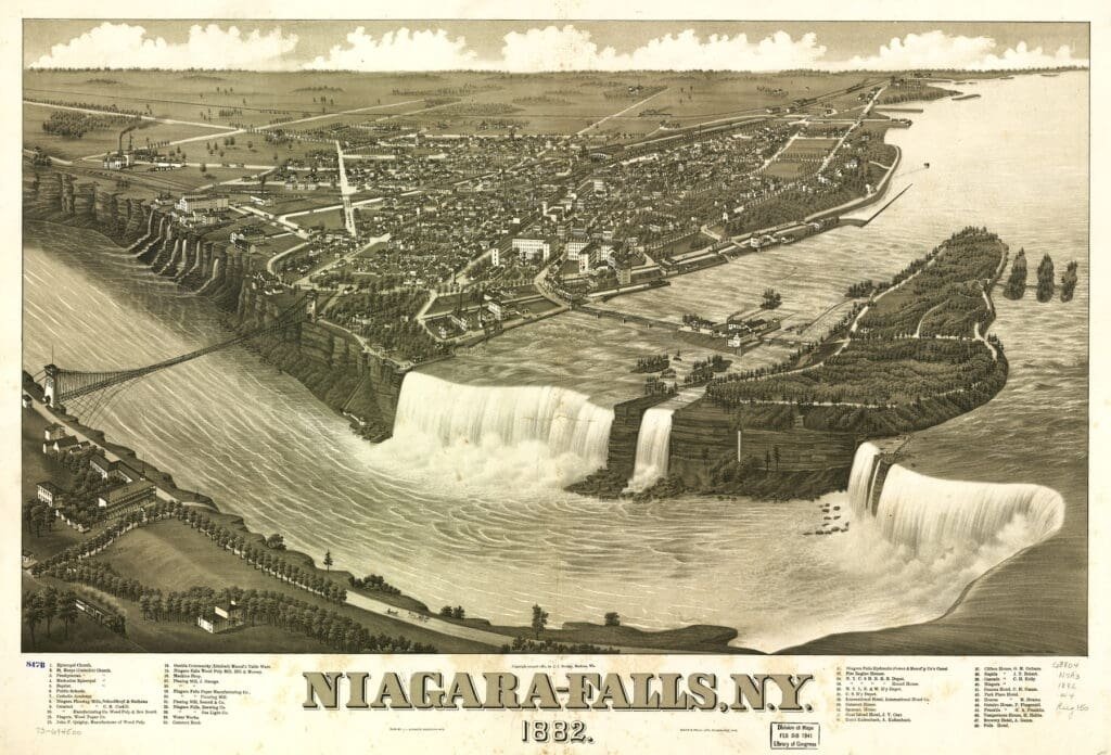 1882 Historic map city of Niagara Falls N.Y., American and Horsheoe Falls, before the city became known as the Honeymoon Capital of the World