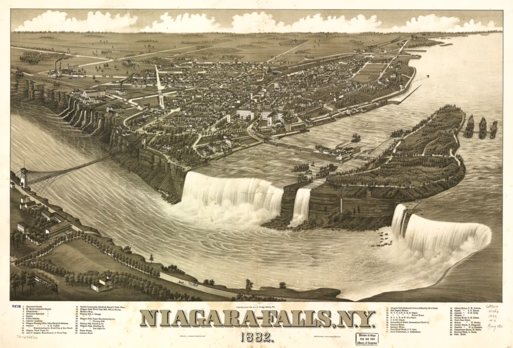 1882 Historic map city of Niagara Falls N.Y., American and Horsheoe Falls, before the city became known as the Honeymoon Capital of the World