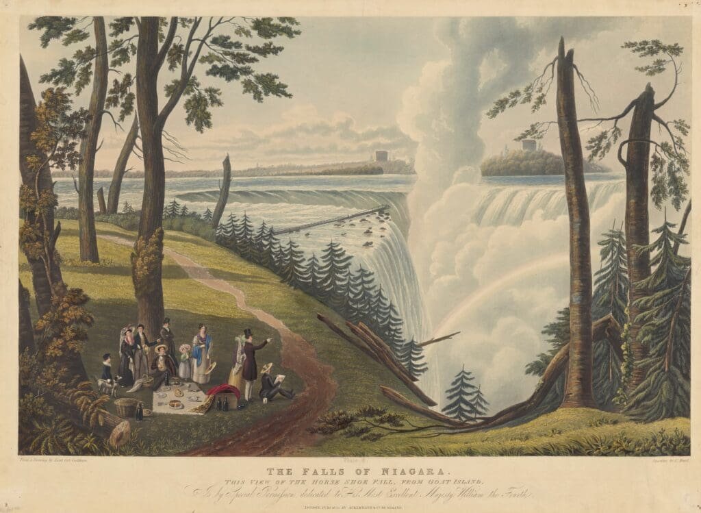 Historic poster of Horseshoe Falls, view from goat island, before it became known as the honeymoon capital. Courtesy National Gallery of Art, Washington