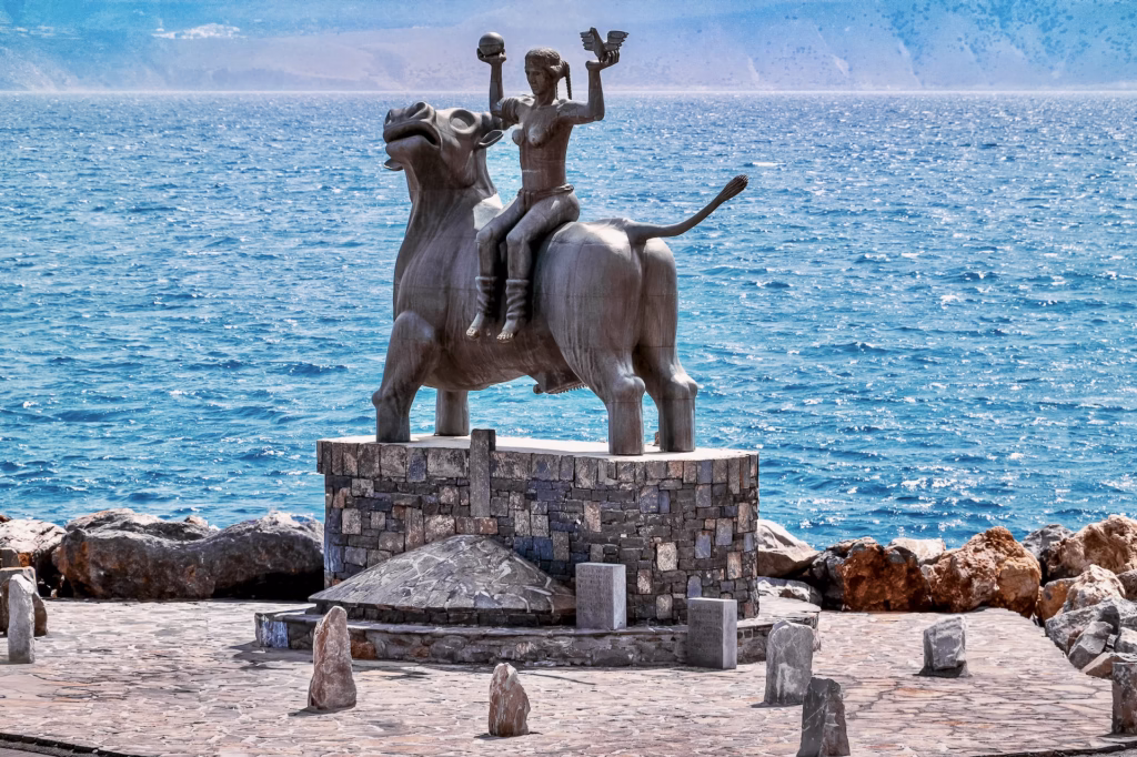 Statue of The Abduction of Europe in the port of Agios Nikolaos in Crete