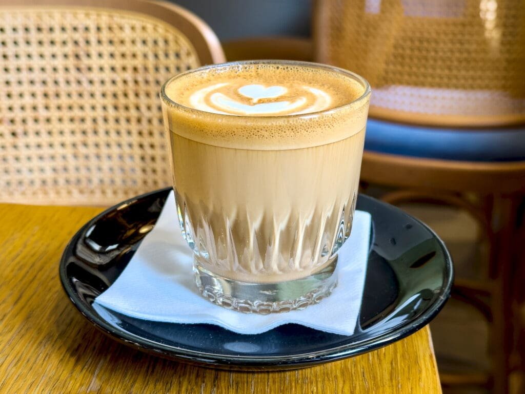 Cortado drink at a popular spot in Ag Nikolaos
