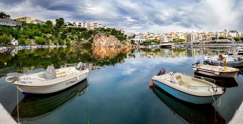 Boats anchored around Lake Voulismeni
