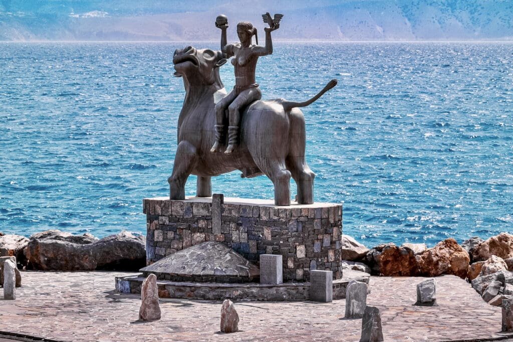 Statue of The Abduction of Europe in the port of Agios Nikolaos in Crete