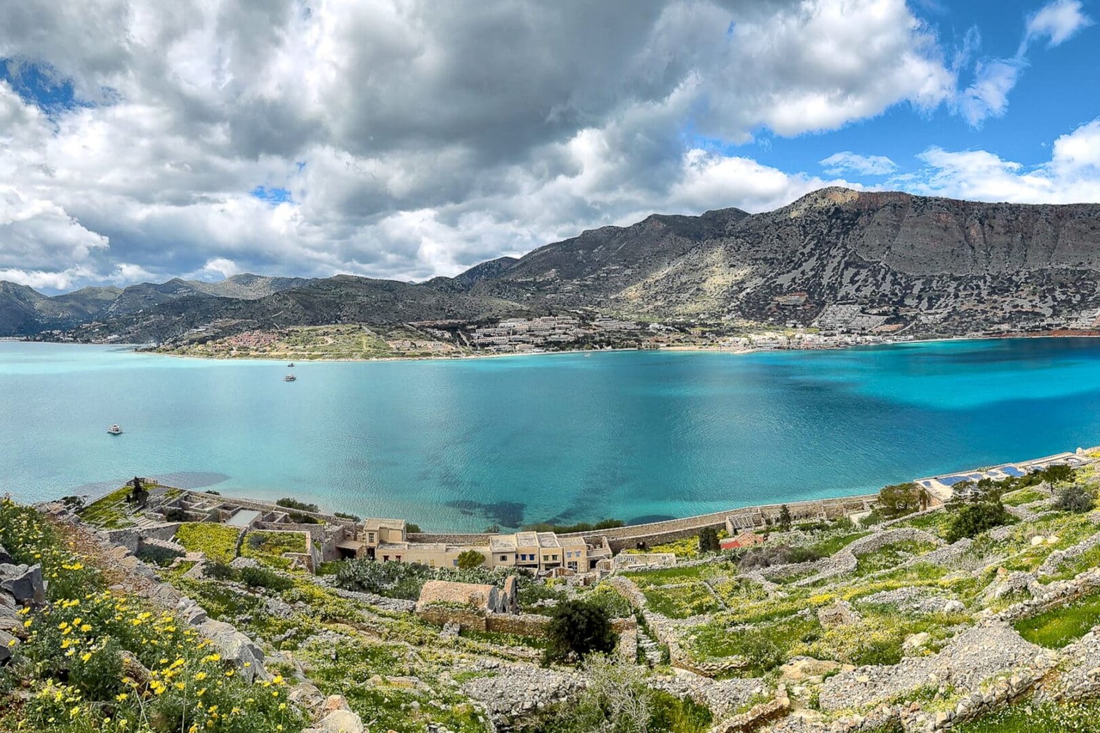 View from Spinalonga acropolis of the bay, and Elounda on the opposite side.