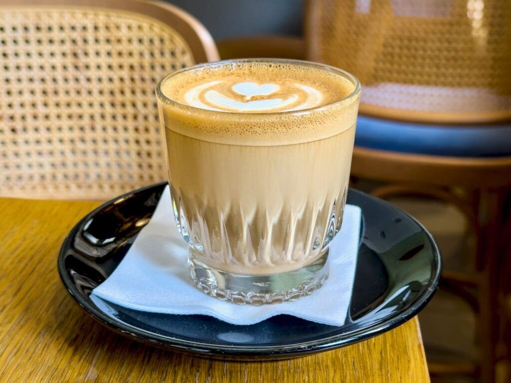 Cortado drink at a popular spot in Ag Nikolaos