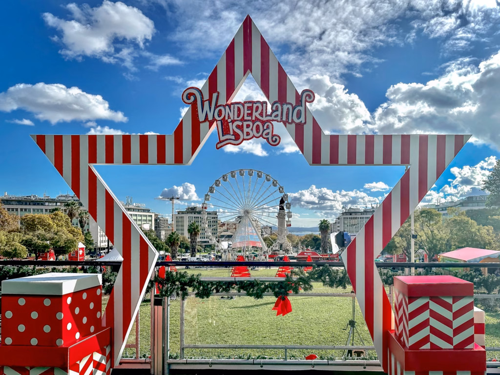 Bright December sunny day at Lisbon's Festive Christmas village of Wonderland Lisboa