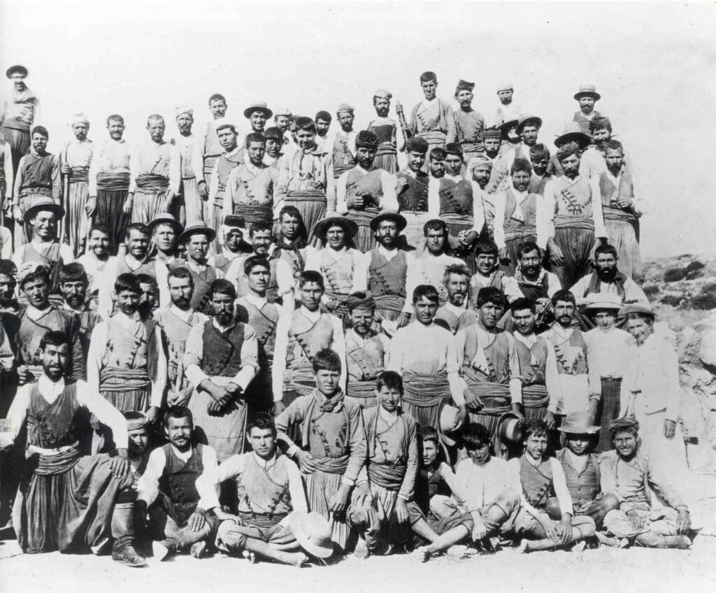 Black and white archival photo of Harriet Boyd Hawes and workmen at Gournia, Crete, 1904. Credit to The University Museum, University of Pennsylvania.