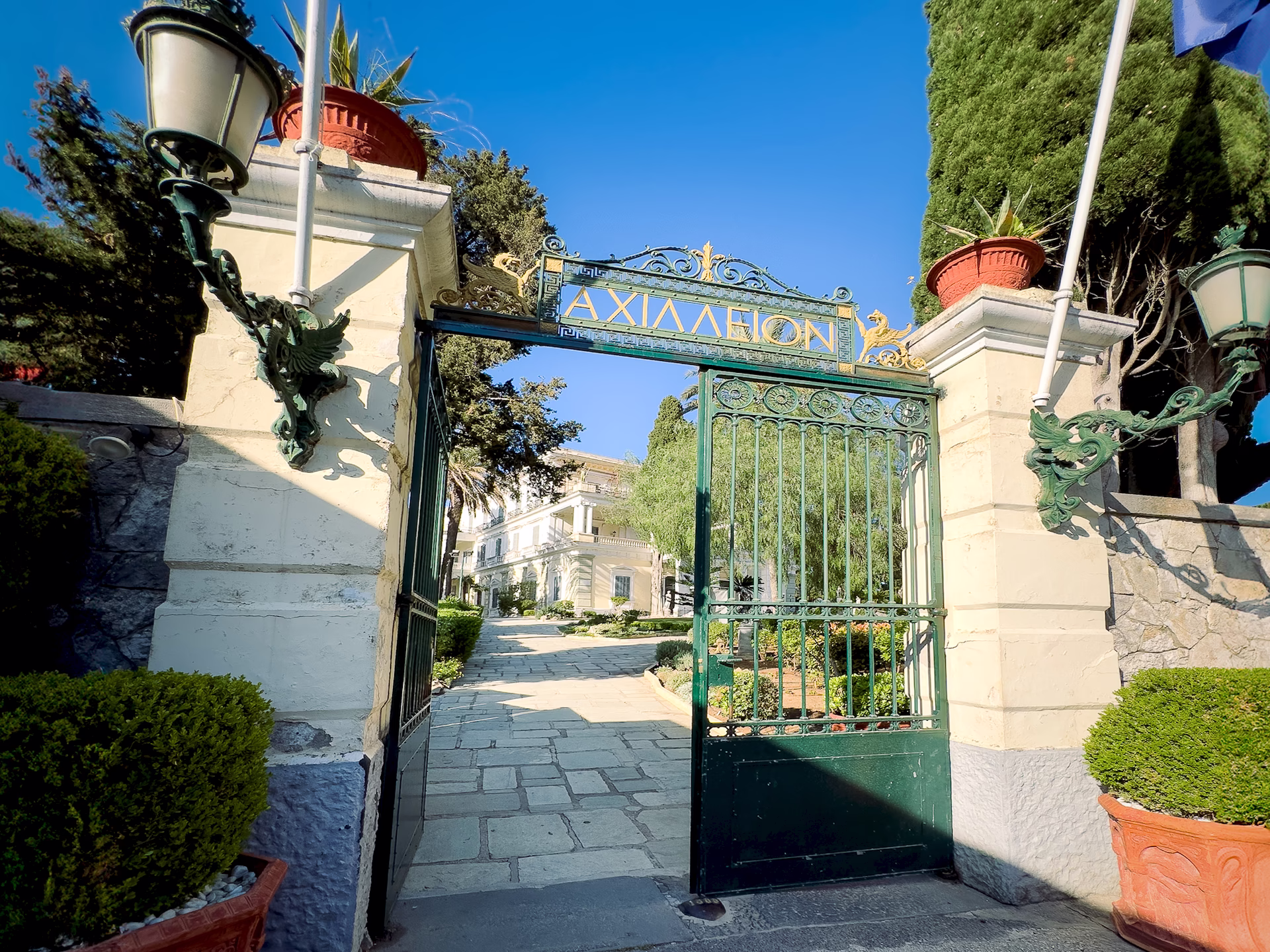 Front gate of The Achilleion Palace in Corfu Greece