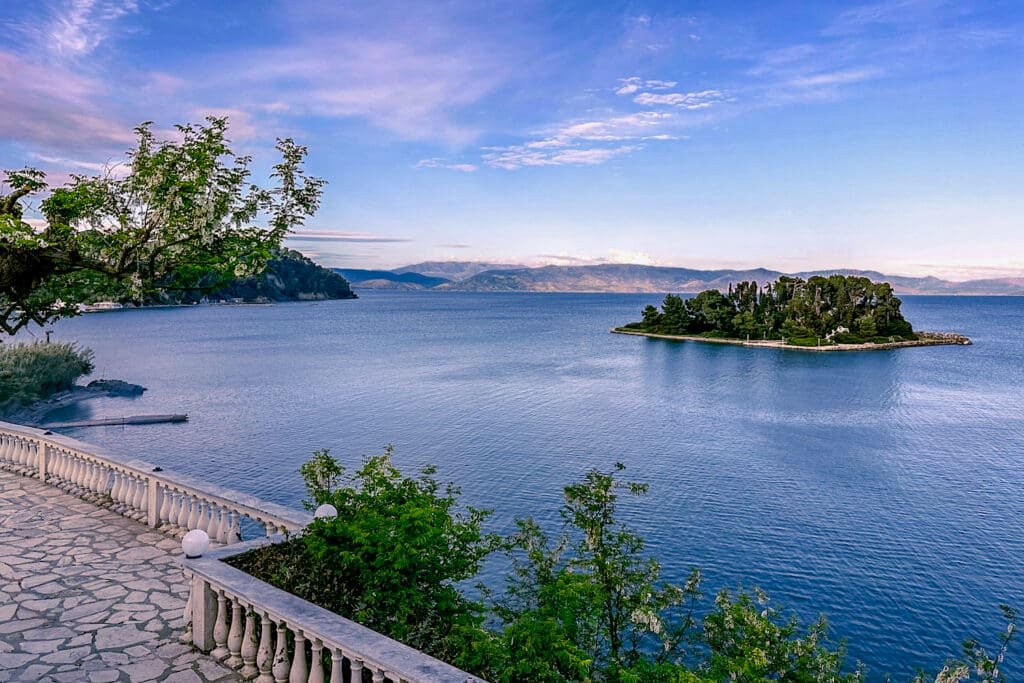 View of Legendary Mouse Island, Pontikonisi, Corfu from a mainland vista point
