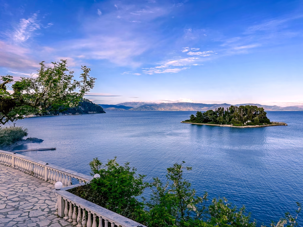 View of Legendary Mouse Island, Pontikonisi, Corfu from a mainland vista point