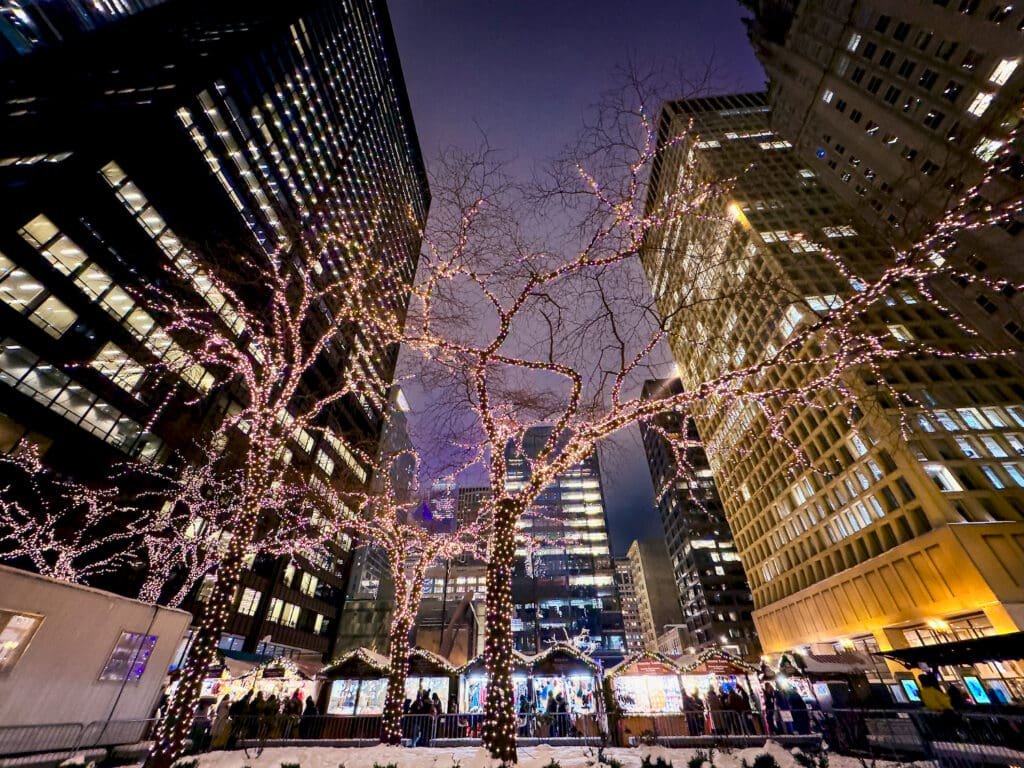 City holiday lights add to the magical atmosphere of the Christkindlmarket