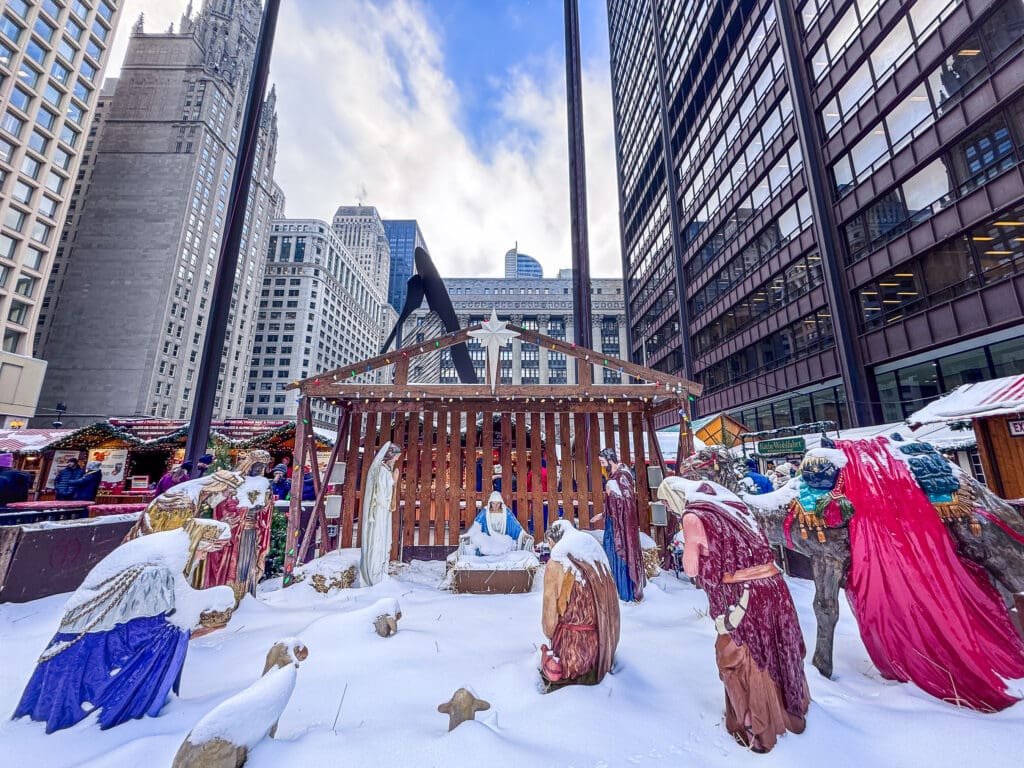 Lifesize nativity scene amongst the skyskrapers of downtown Chicago