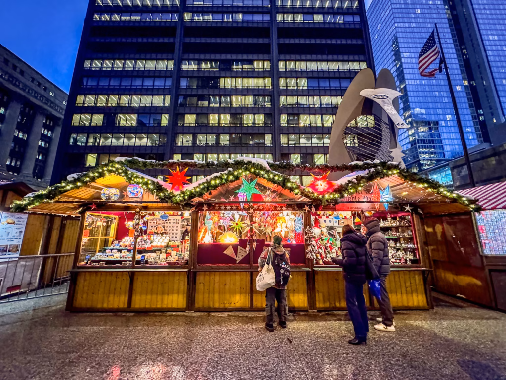 Traditional European-inspired Christmas market stalls in Chicago Loop