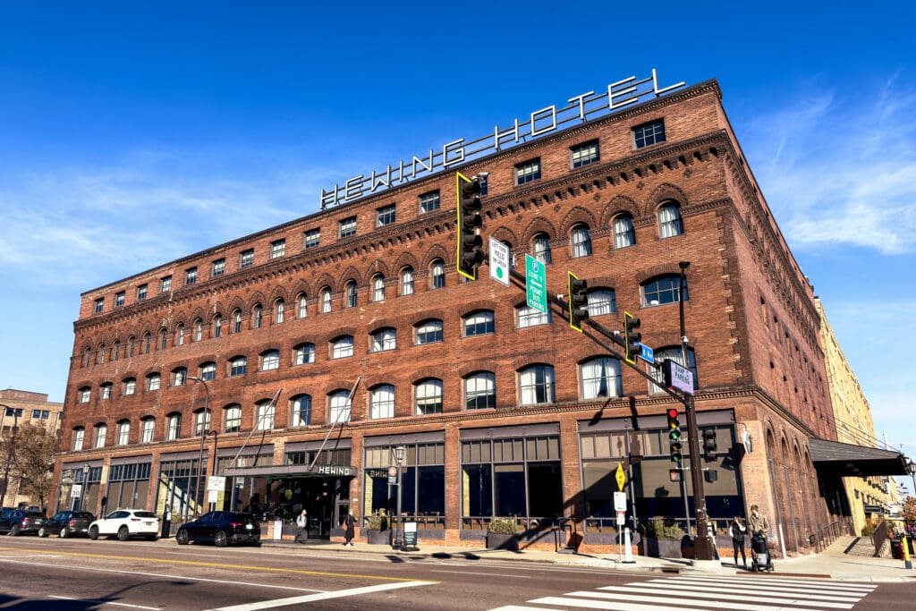 Hewing Hotel facade in Minneapolis' North Loop neighborhood, a 5 minute walk from the Christkindl market