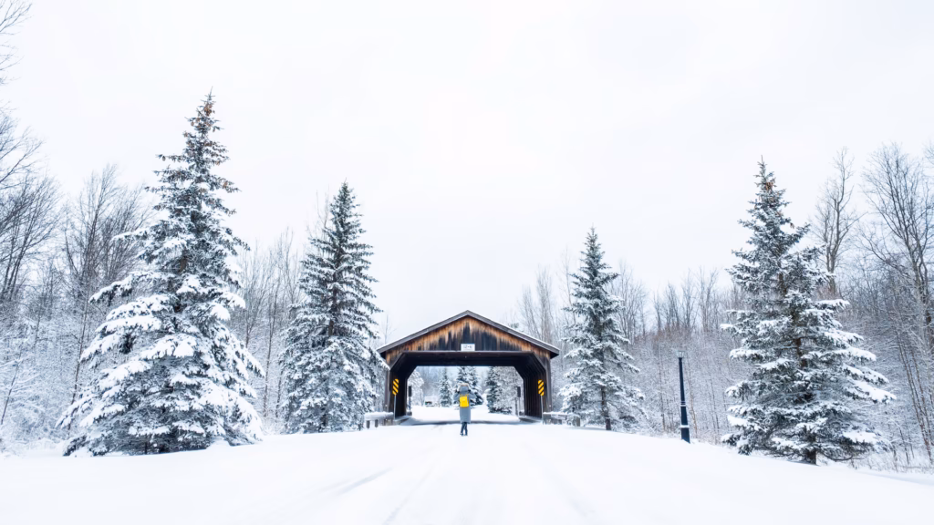 A person standing in the snow under a covered bridge. Lewiston's wooden covered bridge is literaly off the beaten track