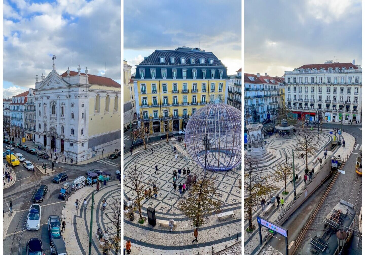 Triptic collage of Praça Luís de Camões square in Lisbon